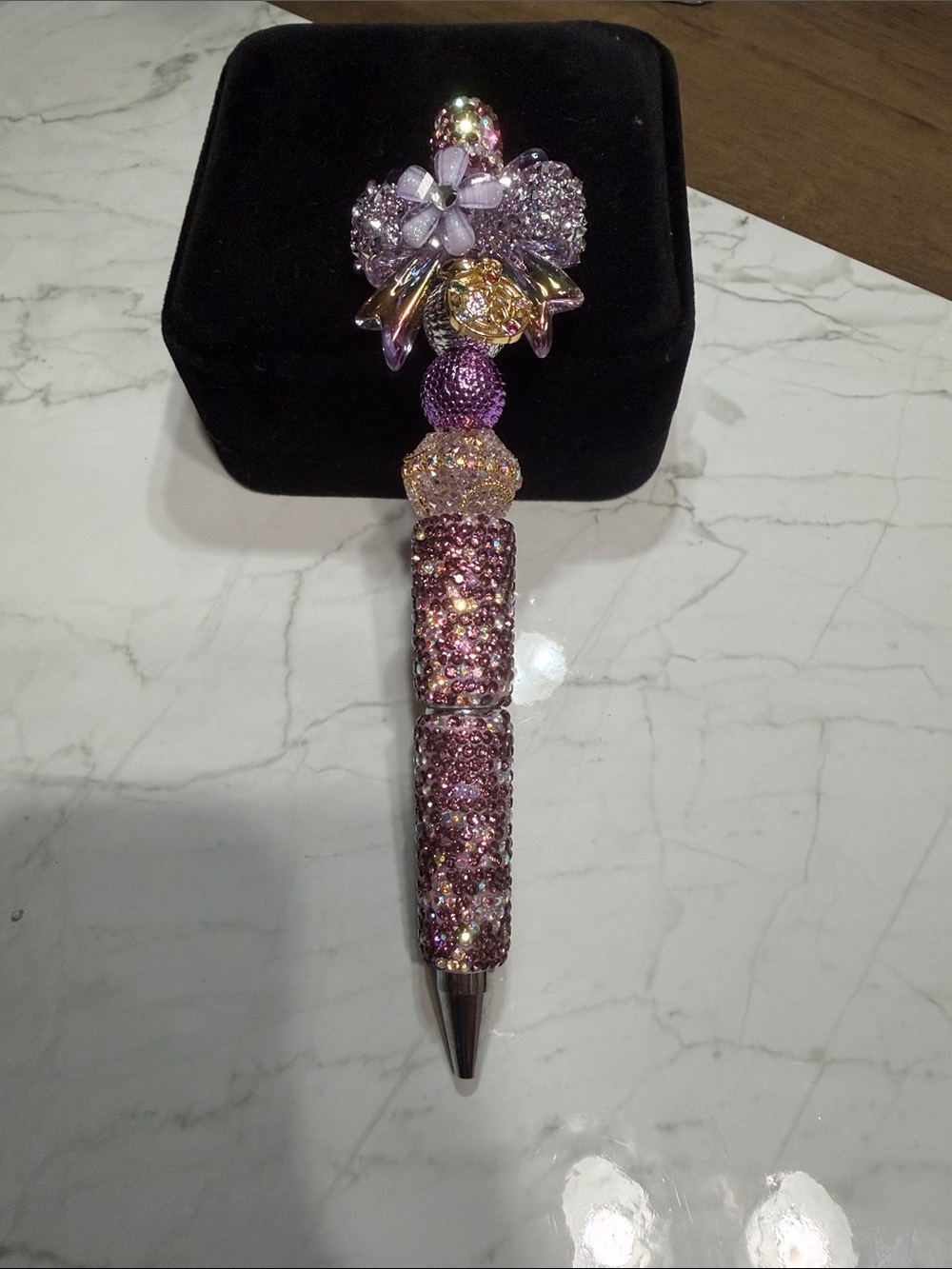 Crystal-Embellished Lavender Floral Ballpoint Pen -